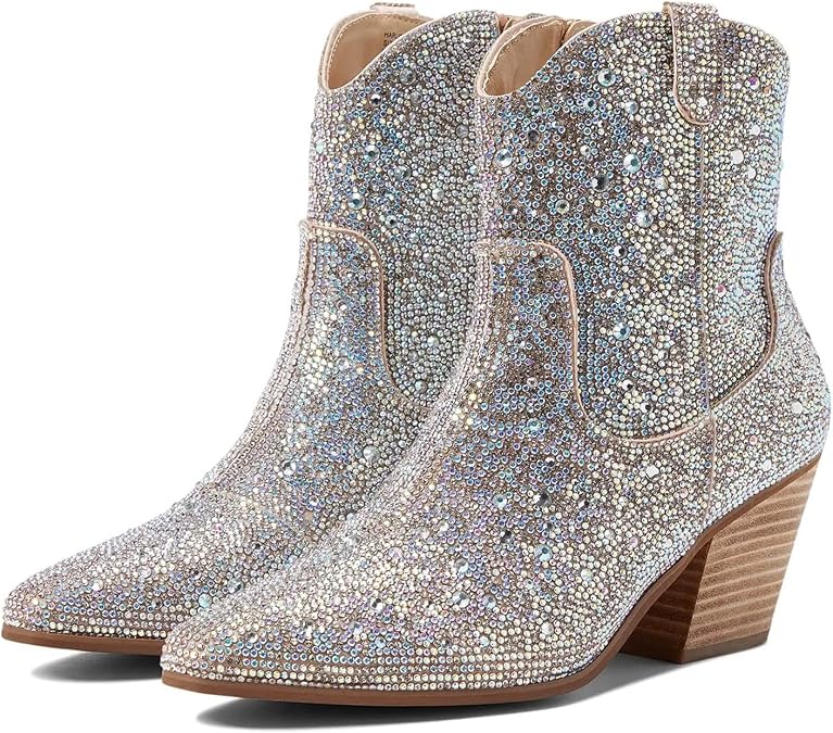 LOCERICH Rhinestone Boots for Women Sparkly Cowboy Boots Pointed Toe Chunky Heel Side Zipper Pull Up Cowgirl Sparkly Boots for Girls, Party and Concert