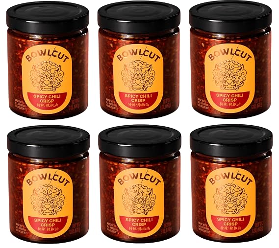 Bowlcut All Natural, Gluten Free, Vegan, Made in USA Chili Crisp, Chili Oil with Chili Flakes & Hot Sauce Alternative for Eggs, Pasta, Dumplings, Noodles and More, 6oz, Spicy Chili Crisp, 6 Pack