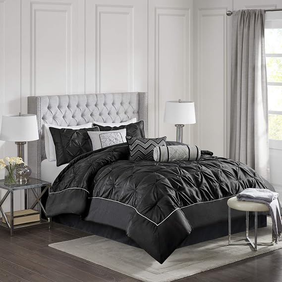Madison Park Laurel Queen Size Bed Comforter Set Bed In A Bag - Black , Wrinkle Tufted Pleated 7 Pieces Bedding Sets Faux Silk Bedroom Comforters