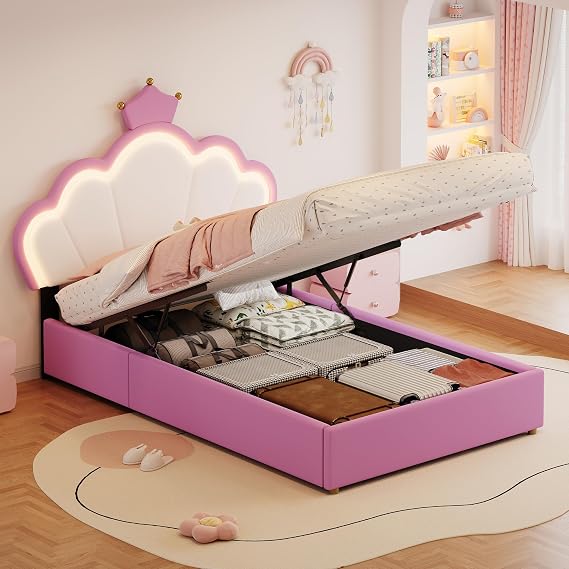 Single Bed Frame, 3ft Kids Ottoman Bed with Hydraulic Storage, Upholstered Bed with LED-Lighting, Crown-Shaped Headboard for Girls, Pink, 90x190 cm (No Mattress)
