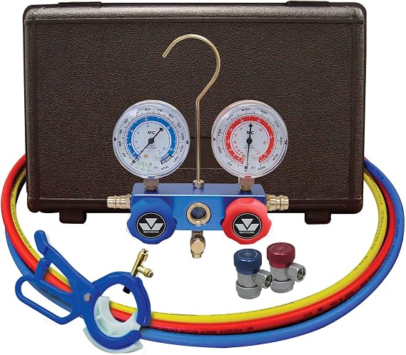 Mastercool 89661-PRO Automotive R134a 2-Way Manifold Gauge Set with 3-in-1 Can Tap Valve U.S. Designed, Assembled, and Tested Includes 60" Hoses and Manual Couplers