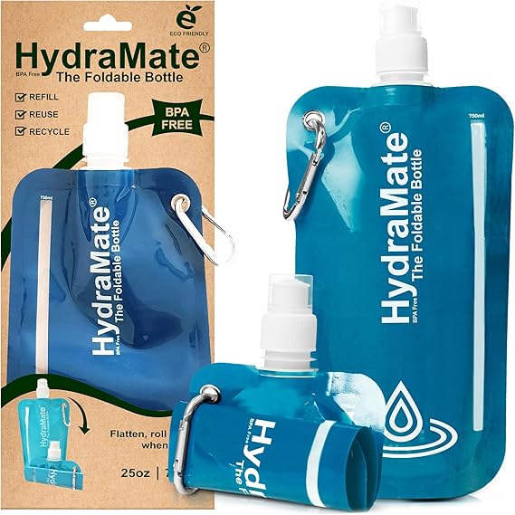 HydraMate Collapsible Water Bottle - Foldable Water Bottle - 750ml Blue | Folding Water Pouch. BPA Free, Squeezable, Lightweight, Roll Up with Carabiner Clip on For Travel, Festivals, Hiking, Camping