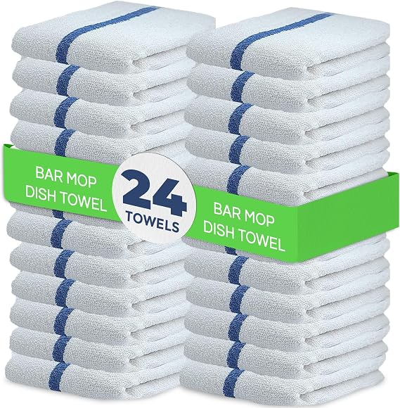 Towels N More 24-Pk 16x19 30 Oz. Cotton Kitchen Bar Mop Towels Blue Stripe | Reusable Kitchen Cleaning Towels for Chef, Cook, Home, Restaurant & Bar. Highly Absorbent, Multi-Purpose Cotton Towels