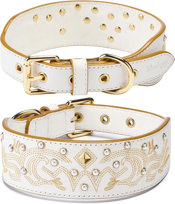 Blueberry Pet Western Genuine Leather Dog Collar for Medium Breeds, Pearl White - Floral Embroidery, Pearl Studs, Adjustable 15-18 Inch Neck, Dog Collars for Medium Dogs