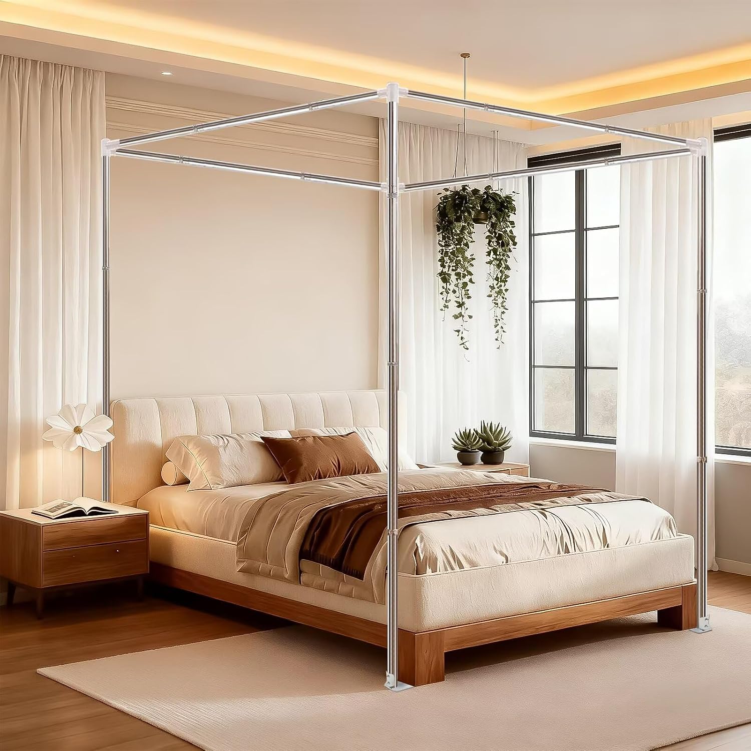 Canopy Bed Frame Queen Size, Thicken Stainless Steel Canopy Bed Frame, Bed Post Poles for Mosquito Curtains, Bedroom Decor