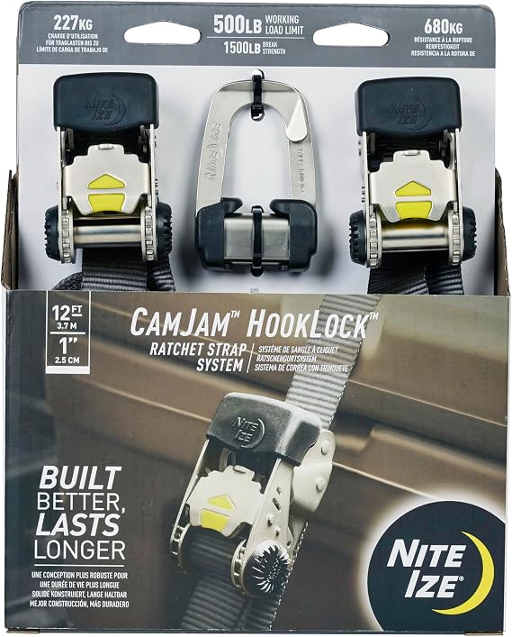 Nite Ize CamJam HookLock Ratchet Strap System - Adjustable, Heavy-Duty Tie Down Straps - Cargo Attachment with Spring-Actuated Hooks - Includes Ratchets, Hooks, Webbing & Storage - Small (2 Pack)