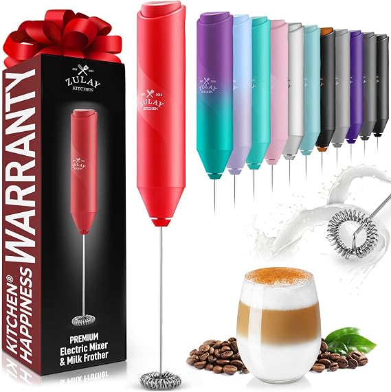 Zulay Kitchen Powerful Milk Frother Wand - Handheld Stainless Steel - Battery Operated Drink Mixer for Coffee, Lattes, Cappuccino, Matcha - Froth Mate Frother Gift - Apple Red