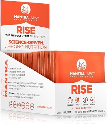 RISE Supplement Drink Mix | ZERO Sugar & Keto Friendly Electrolyte Hydration Powder Blend with Vitamin C Antioxidants & Nootropics for Focus | Vegan Paleo | Citrus Coconut 30 Pack BY MANTRA Labs