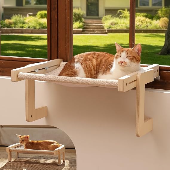 FUKUMARU Cat Window Perch, Sturdy Wood Hammock Window Bed for Indoor Cats