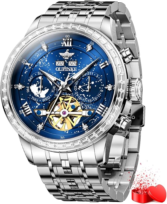 OUPINKE Men's Automatic Unique Luxury Mechanical Wrist Watch Business Diamond Calendar Men Wrist Watch Stainless Steel Waterproof Luminous Chronograph, Silver strap with diamond set blue dial, Classic
