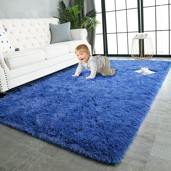TWINNIS Super Soft Shaggy Rugs Fluffy Carpets 8x10 Feet, Indoor Modern Plush Area Rugs for Living Room Bedroom Kids Room Nursery Home Decor, Upgrade Anti-Skid Rectangular Fuzzy Rug, Indigo