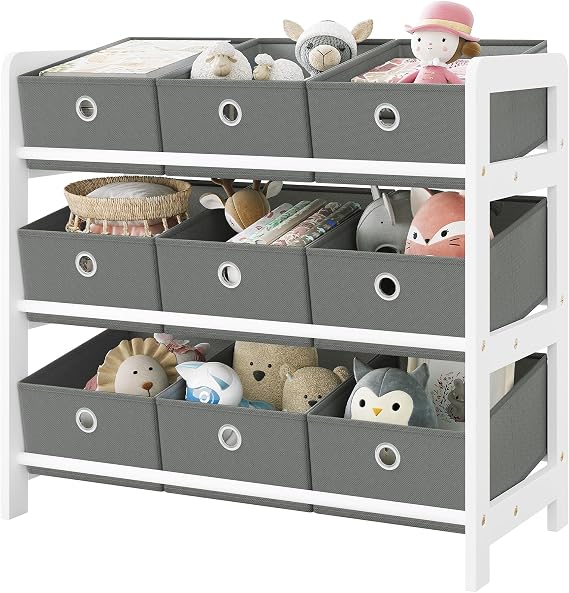 Lestarain Toy Storage Unit with 9 Removable Boxes, Kids Storage Shelf Toy Organiser Bookshelf, for Nursery, Playroom, Study, Bedroom, Living Room, White+Grey