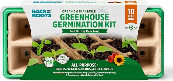 Back to The Roots 10-Cell Greenhouse Germination Kit | Includes Biodegradable Pots & Vented Greenhouse Lid | Made from 75% Recycled Plastic
