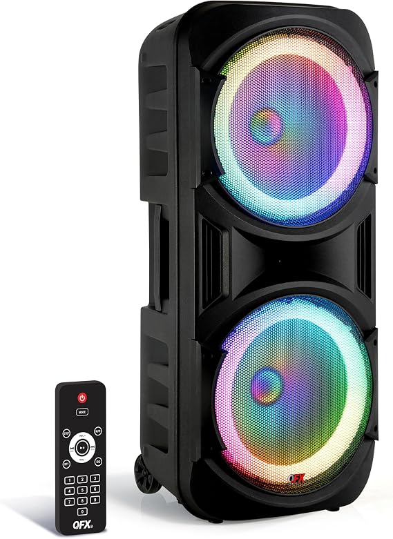 QFX PBX-2012 Dual 12" Bluetooth Portable Rechargeable Karaoke PA Loud Party Speaker with LED Circle Lights | Portable, Dual 12" Speaker, TWS, Microphone/AUX/USB Inputs, LED Party Lights, Remote