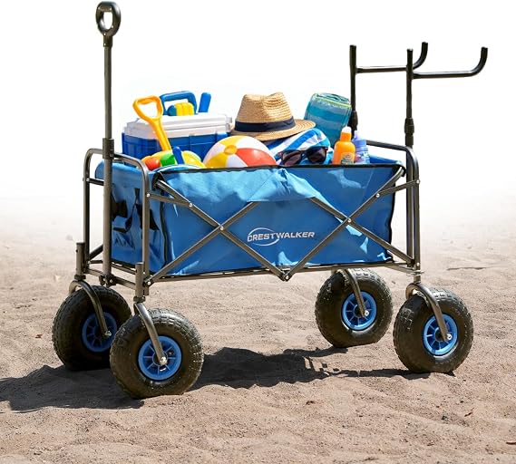 Beach Wagon with Balloon Wheels and Chair Racks, Collapsible Cart with Big Wheels for Sand, Heavy Duty 300 lbs Capacity, Folds Thin with Quick-Release Forks