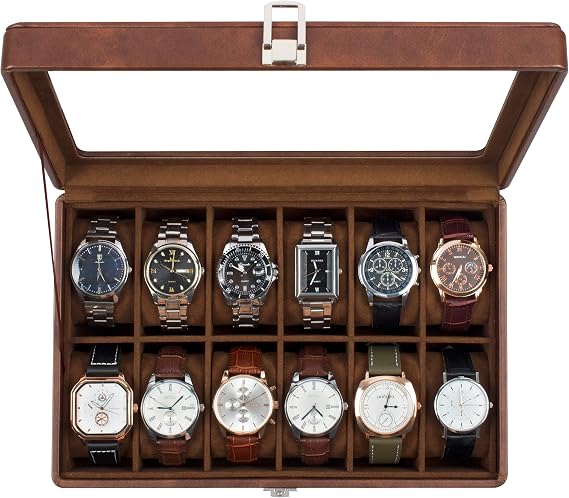 Watch Box with 12 Slots,Watch Storage Box with Glass Lid,Watch Case with Removable Watch Pillows,Metal Clasp,Gift Idea, Brown Synthetic Leather, Brown Lining