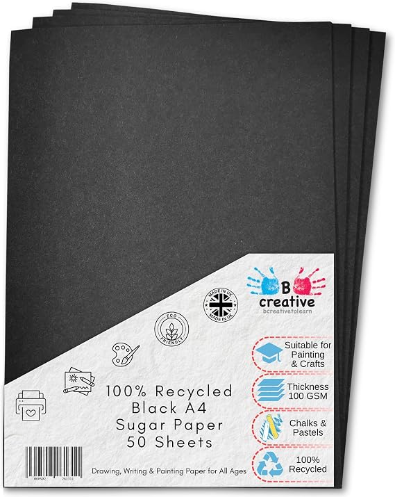 Recycled A4 Black Sugar Paper 100 Sheets, Great Arts and Crafts for Drawing, Painting & Scrapbooking Supplies. 210 x 29.7cm Sheet Size