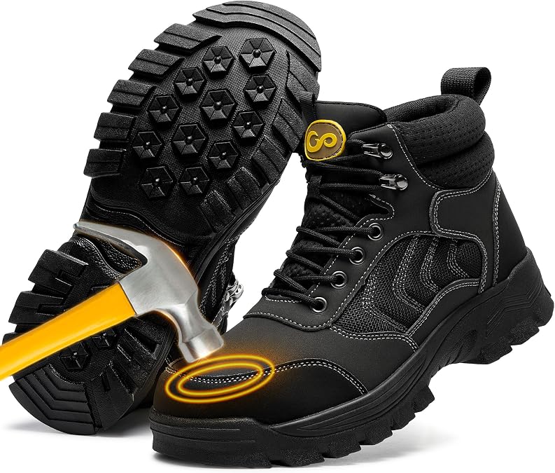 HARENCE Mens Steel Toe Work Boots Comfortable Slip Resistant Safety Boot Durable Waterproof Lightweight Construction Shoes