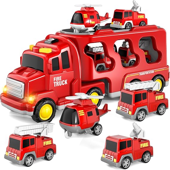 Fire Engine Toys, 5 in 1 Fire Truck Set for Boys & Girls Age 2-5, Friction Powered Fire Engine with Lights & Sounds, Toddler Birthday Gift