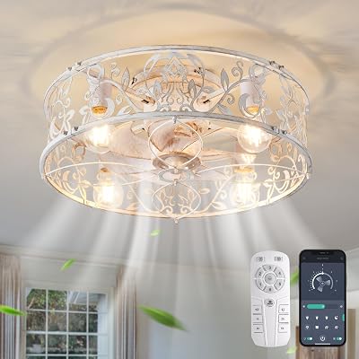 Garwarm 20 Caged Ceiling Fan With Light, Flush Mount Bladeless Fandelier With Remote, Small Low Profile for Bedroom, Kitchen, Dining Room, White Gold