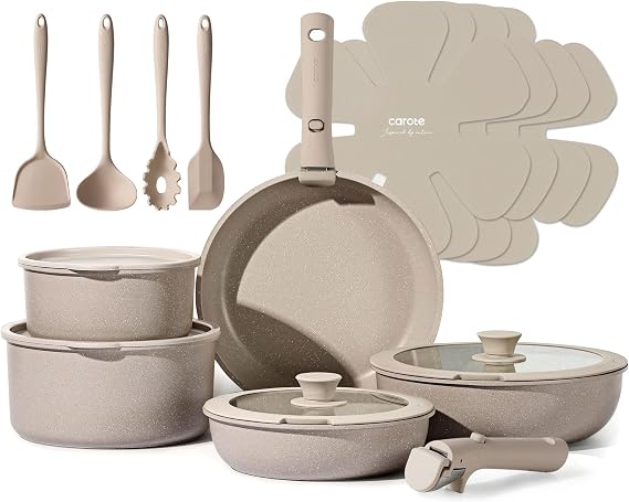 CAROTE 19pcs Pots and Pans Set Non Stick, Detachable Handle Cookware Sets