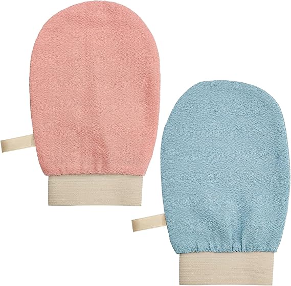 Exfoliating Gloves, 2 Pack Body Scrub Glove Bath SPA Exfoliating Mitts, Dual-Sided Deep Clean Exfoliation Scrubbing Mitt, Dead Skin Remover Glove Deep Body Scrubber(Pink+Blue)