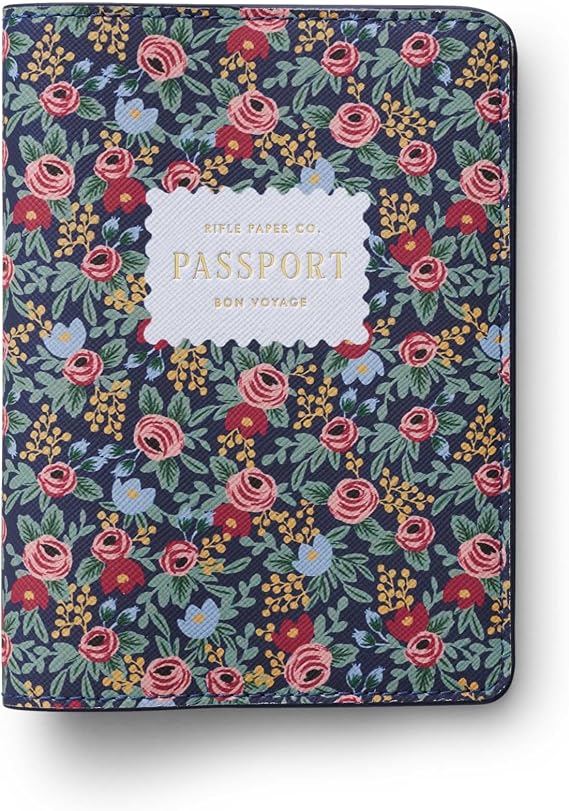 RIFLE PAPER CO. Rosa Passport Holder, Sized to Fit Standard Passports | 5.5" L x 4.25" W x 0.75" H (Size When Closed), Textured PU, Printed in Full Color and Foil Stamped, Wipe Clean Only