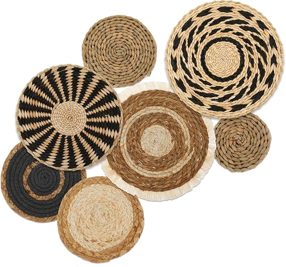 7 Pieces Bohemian Round Wall Baskets Wicker Rattan Wicker Wall Decor for Bedroom, Living Room (Style B)