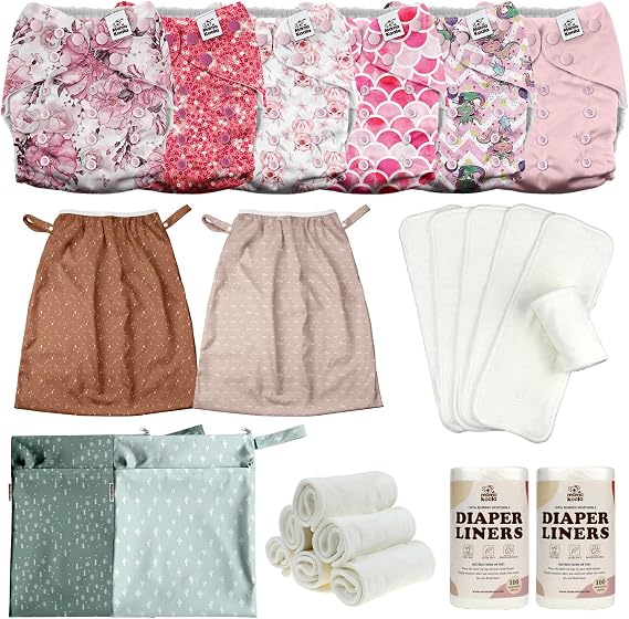 MK 3.0 Baby Cloth Diapers with 6 Inserts Bundle, with Bambo Liners, 5-Layer Bambo Inserts (6 Pack), Wet Bags and Pail Liners.