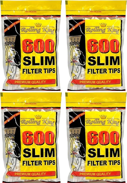 2400 (4 x 600) Rolling King Slim Filter Tips - 600 Tips per Bag - Resealable Bags - Bulk Deal