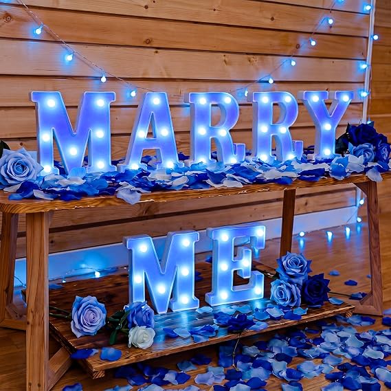 Roowest 6.3" Marry Me LED Letters & Rose Petals Proposal Decor Set, Blue