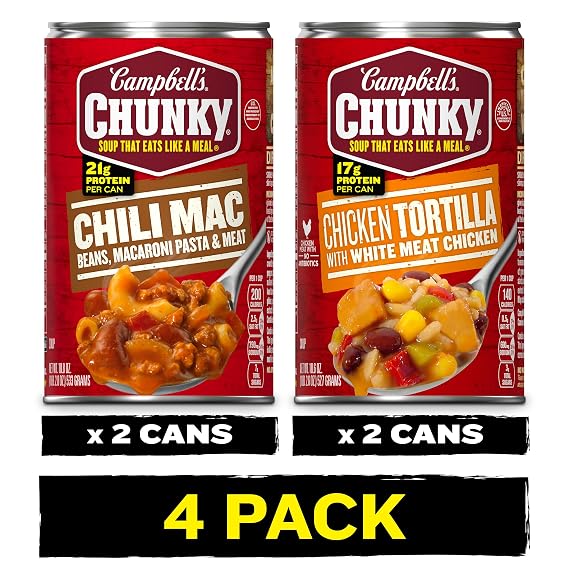 Campbell's Chunky Soups 4 pack bundle: (2) Chunky Chili Mac Soup 18.8 oz Cans, (2) Chunky Chicken Tortilla Soup 18.6 oz