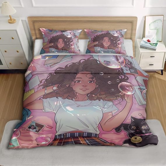 Reofrey 3-Piece Full Comforter Set with Woman Cartoon Patterns - Full Size Microfiber Bedding Sets Includes 79"x90" Comforter and 2 Pillowcases, All-Season, for Boys, Girls, and Adult Room Decor H995