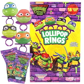 Teenage Mutant Ninja Turtles TMNT Individually Wrapped Lollipop Rings, Leonardo, Raphael, Michelangelo, and Donatello, Decorated Candy, Valentine's Day Calssroom Exchange Candies, 18 Count