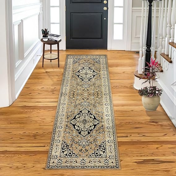 BNM Indoor Runner Rug, Jute Backing, Traditional Rugs for Living Room, Kitchen, Office, Dorm, Bedroom, Carpet Floor Decor, Oriental Medallion Floral Scroll Indoor Runner, 2' 7" x 8', Yellow Gold
