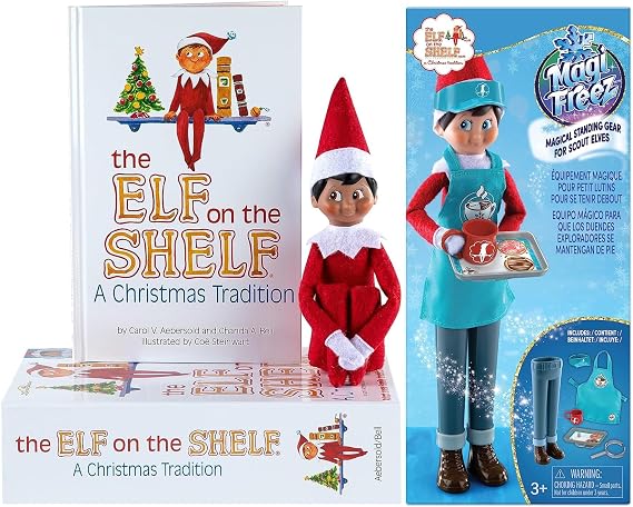 The Elf on the Shelf Christmas Tradition Box Set with Elf (Dark Tone Boy), Story Book and MagiFreez Cocoa to Go Barista Accessory Set (Multi-Item Bundle)