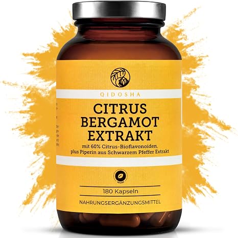 QIDOSHA Citrus Bergamot Extract Plus Piperine 180 Capsules in Pharmacist Glass Citrus Bergamia Extract Capsules German Production Each Batch Laboratory Tested Plus Piperine as Bioenhancer