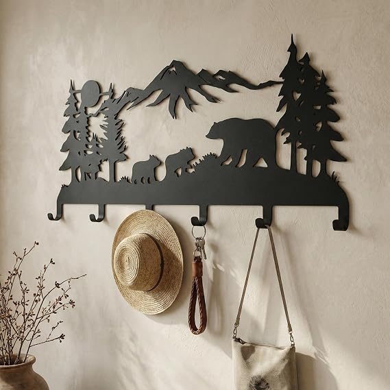 DEKADRON Metal Bear Family Themed Wall Mounted Coat Rack with 6-8-10 Folding Hooks, Wall Mount Hanger for Bathroom Entryway Living Room Bedroom, Metal Coat Hooks, 6 Hooks (24"x11")