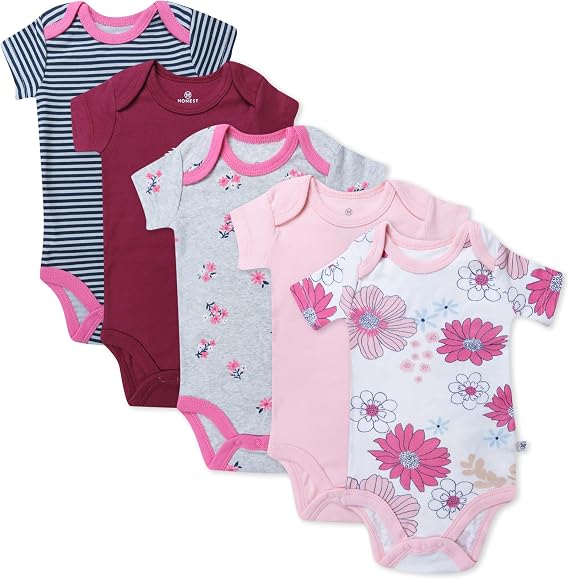 HonestBaby baby-girls 5-pack Short Sleeve Bodysuits One-piece 100% Organic Cotton for Infant Baby Girls