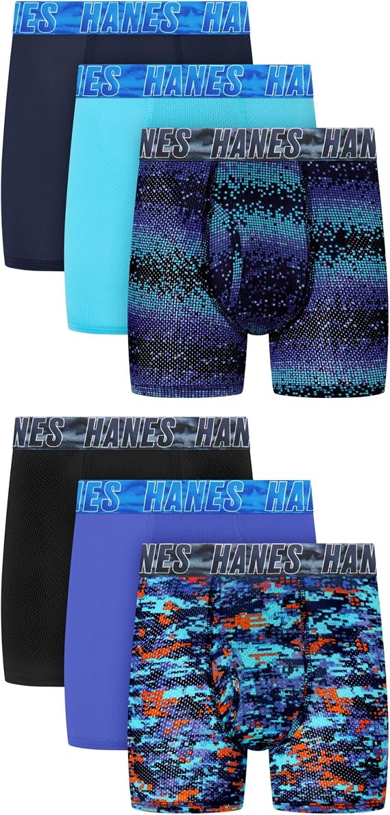 Hanes Boys' Moves Performance Underwear Boxer Brief, 6-pack, All Over Mesh Moisture Wicking Boxer Briefs