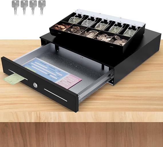 18" Cash Rigister Drawer High Capacity- Removable 5Bill/5Coin Insert Tray, Auto Electronic Open, RJ11/12 Cable, 24V, Key Lock, Double Media Slots Cash Box