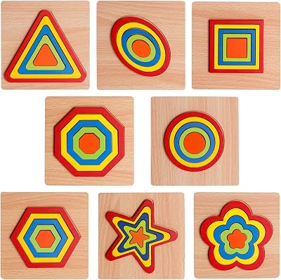 8 pcs Shape Puzzle Toddler Puzzles Games Wooden Toys Montessori Shape Sorting Puzzle Toddlers Activities Preschool Learning Early Educational Gift for Kids Age 3 4 5 6 Year Old