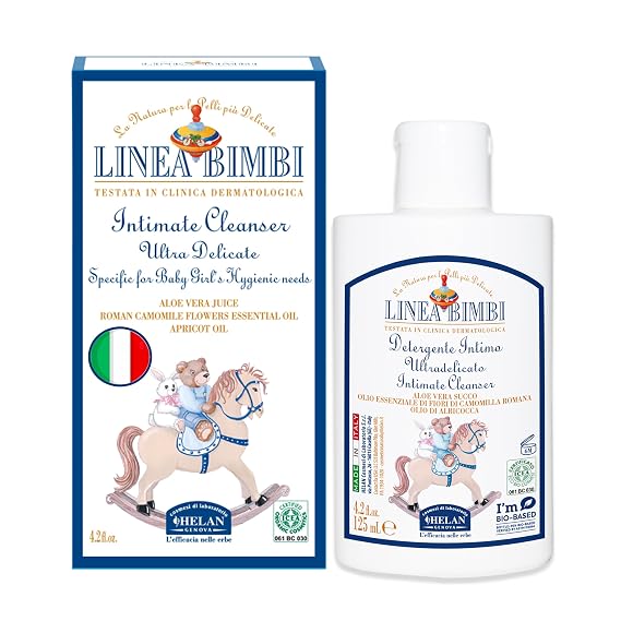 Helan Linea Bimbi Bio-Feminine Wash for Girls with Aloe Vera, Apricot & Chamomile Essential Oils-Microbiologically Tested Intimate Wash and Gentle Baby Intimate Cleanser-Made in Italy, 125ml 4.2 fl oz