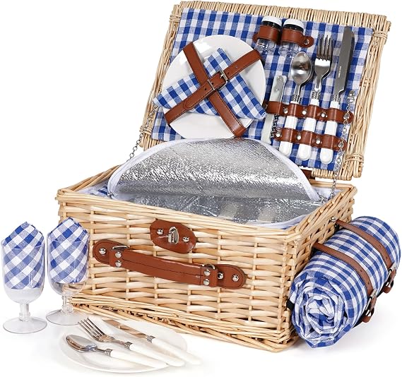 HappyPicnic Picnic Basket Set for 2, Durable Wicker with Cutlery Kit
