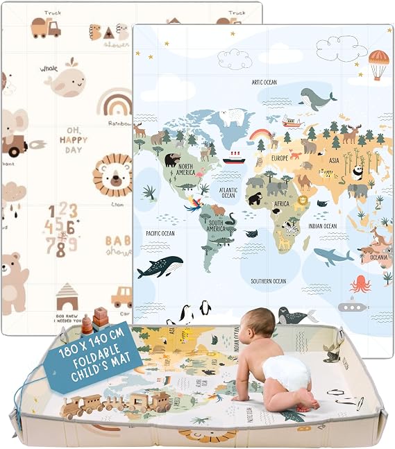 HuBorns - Foldable Baby Play Mat 180x140 cm - Reversible and Padded Baby Foam Play Mat with Stitched Edges - Waterproof Baby Mats for Floor Play - Anti-Fall Thick Play Matt Baby (Map M)