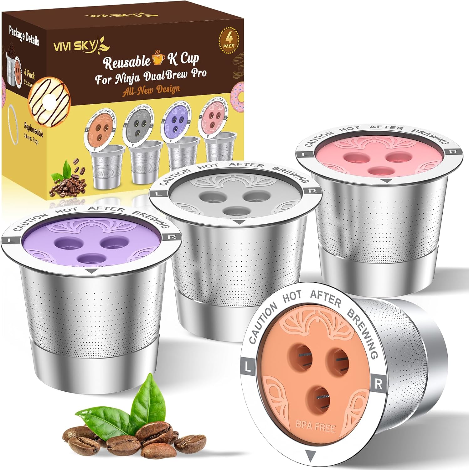 Ninja Reusable Coffee Pod: VIVI SKY Upgraded Stainless Steel Refillable Ninja K Cups - 3 Holes Coffee Filters For Ninja Coffee Maker CFP201 CFP301 CFP305 CFP307 CFP400 CFP300 4 Pack