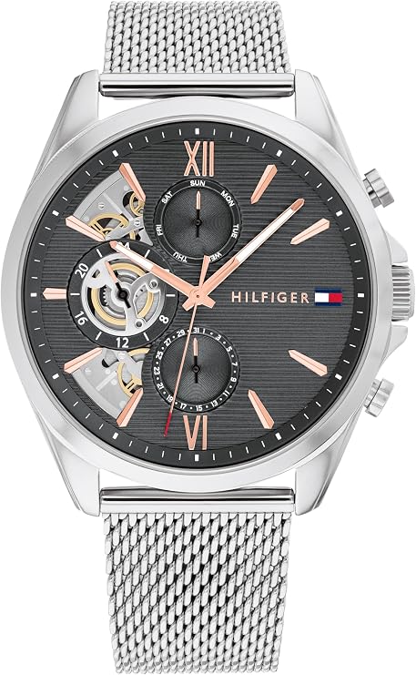 Tommy Hilfiger Men's Watch Quartz Multifunction, 44 mm Stainless Steel Case, Skeleton Dial, Mesh Bracelet Dress Watch for Men
