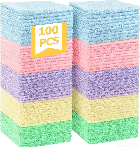 100 Pack Microfibre Cleaning Cloth,Ultra Absorbent & Lint Free Cleaning Cloths in 5 Color,Scratch-Free Microfiber Towels,Reusable Cleaning Rags for Kitchen Car,Glass and Window,30 x 30 cm