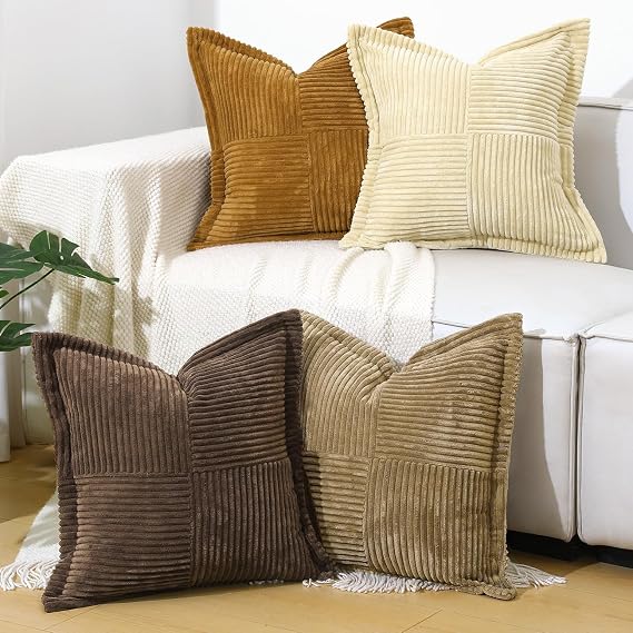 Lewondr Corduroy Throw Pillow Covers 1818 Inch, 4 Pack Soft Square Throw Pillow Cases, Decorative Boho Striped Couch Pillow Covers for Living Room Bedroom Sofa Bed Office Cushion Cover, Brown