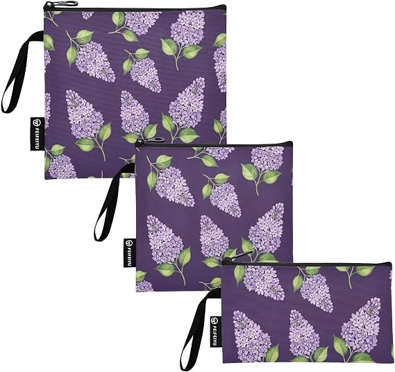 Lilac Lavender Flowers Purple Snack Bag and Sandwich Bags Reusable Washable Fabric Food Storage Pouch with Zipper for Kids Students Adults (Set of 3: S/M/L)